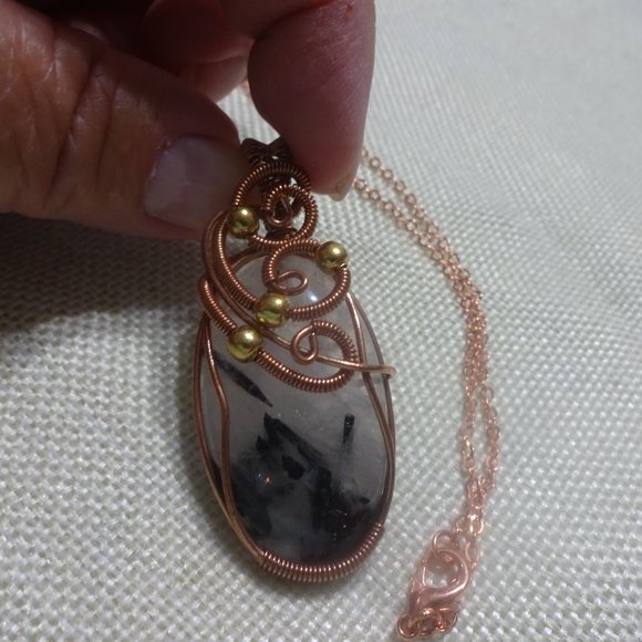 Whimsical "TROUMALINE QUARTZ" Handmade COPPER WIRE-WRAPPED Pendant/Chain #104B - Picture 3 of 3